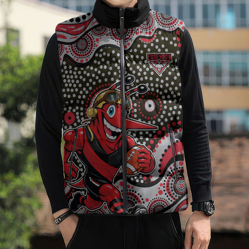 Essendon Bombers Sleeveless Puffer Jacket Aboriginal Dot Pattern - Football Mascot Heritage Pride