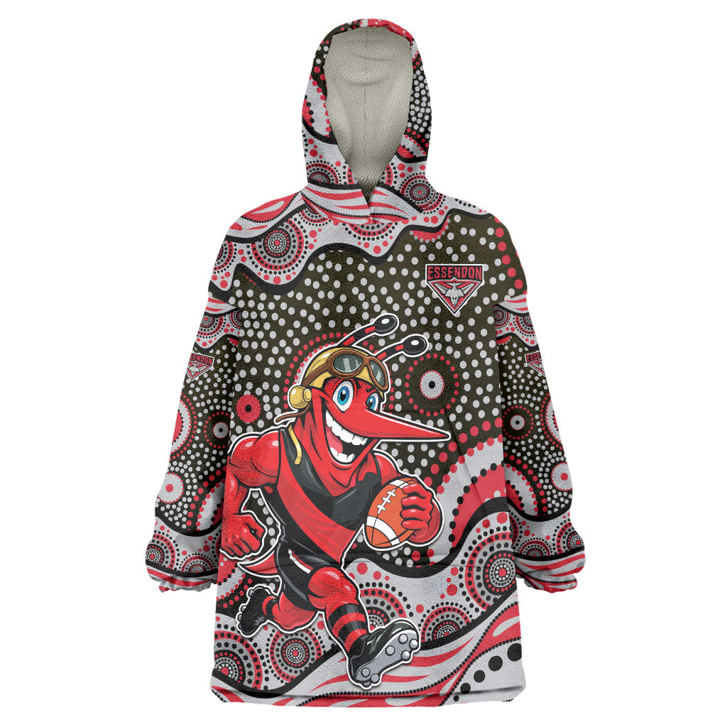 Essendon Bombers Wearable Blanket Hoodie Aboriginal Dot Pattern - Football Mascot Heritage Pride