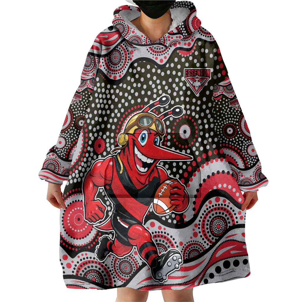 Essendon Bombers Wearable Blanket Hoodie Aboriginal Dot Pattern - Football Mascot Heritage Pride