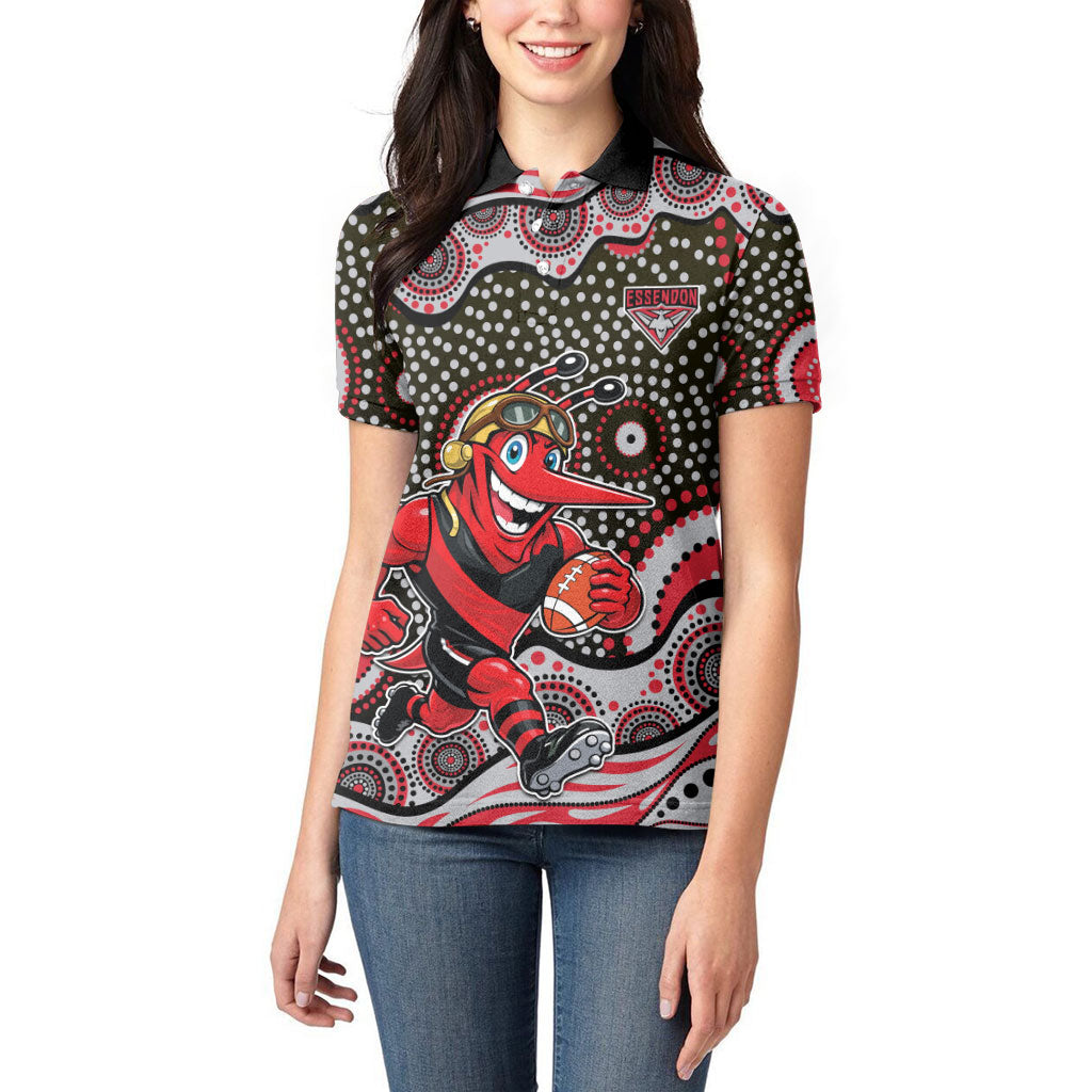 Essendon Bombers Women Polo Shirt Aboriginal Dot Pattern - Football Mascot Heritage Pride