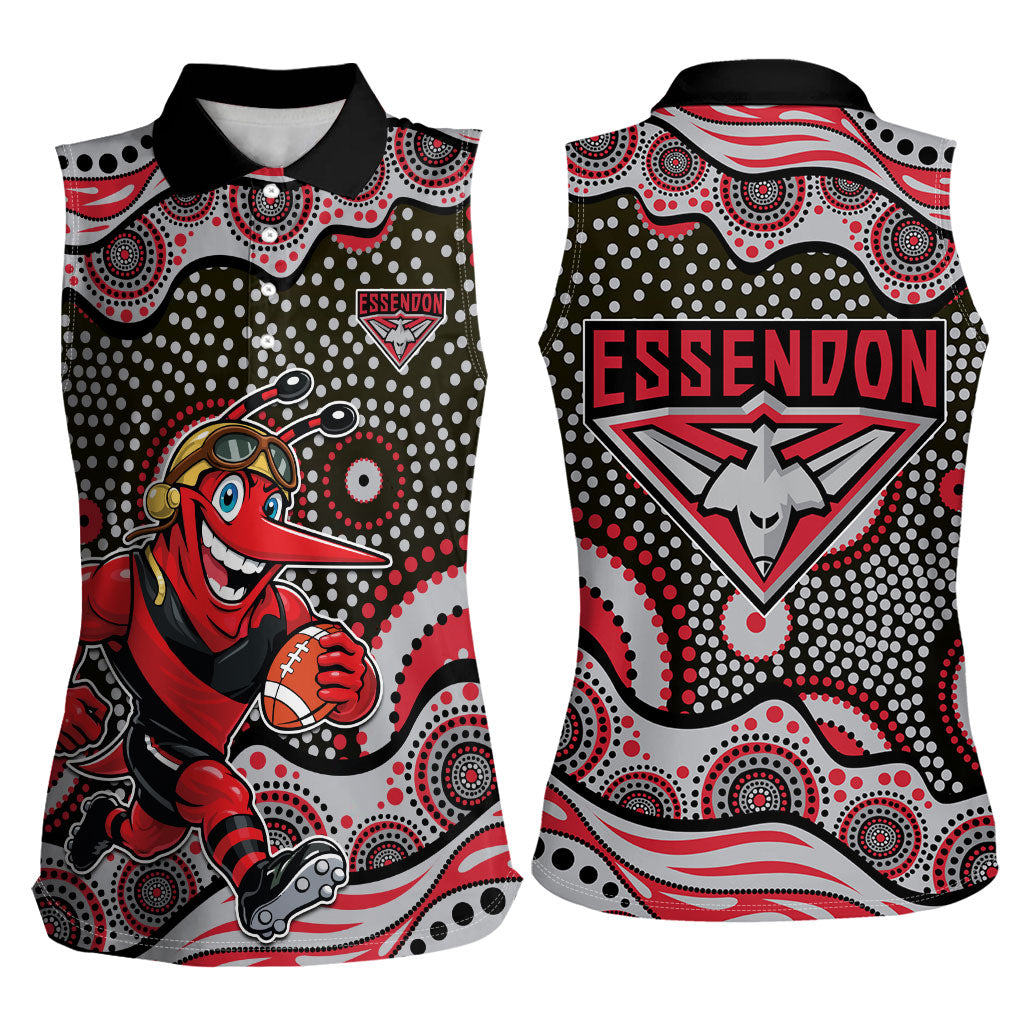Essendon Bombers Women Sleeveless Polo Shirt Aboriginal Dot Pattern - Football Mascot Heritage Pride