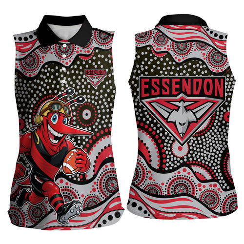 Essendon Bombers Women Sleeveless Polo Shirt Aboriginal Dot Pattern - Football Mascot Heritage Pride