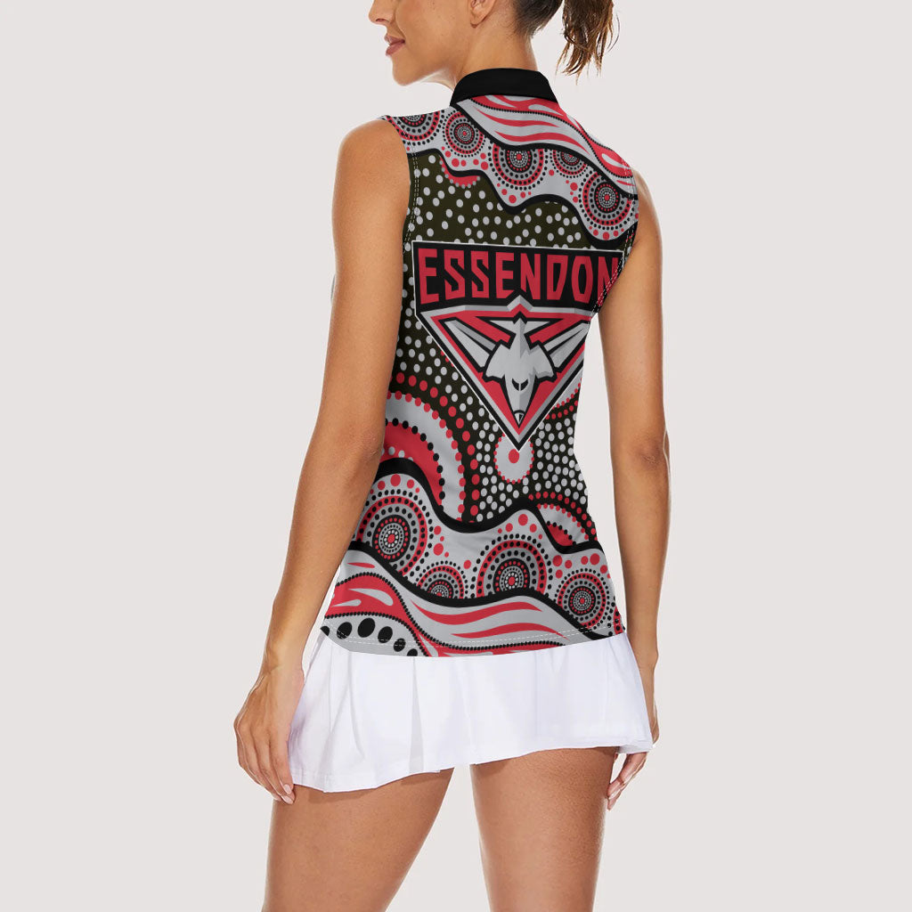 Essendon Bombers Women Sleeveless Polo Shirt Aboriginal Dot Pattern - Football Mascot Heritage Pride