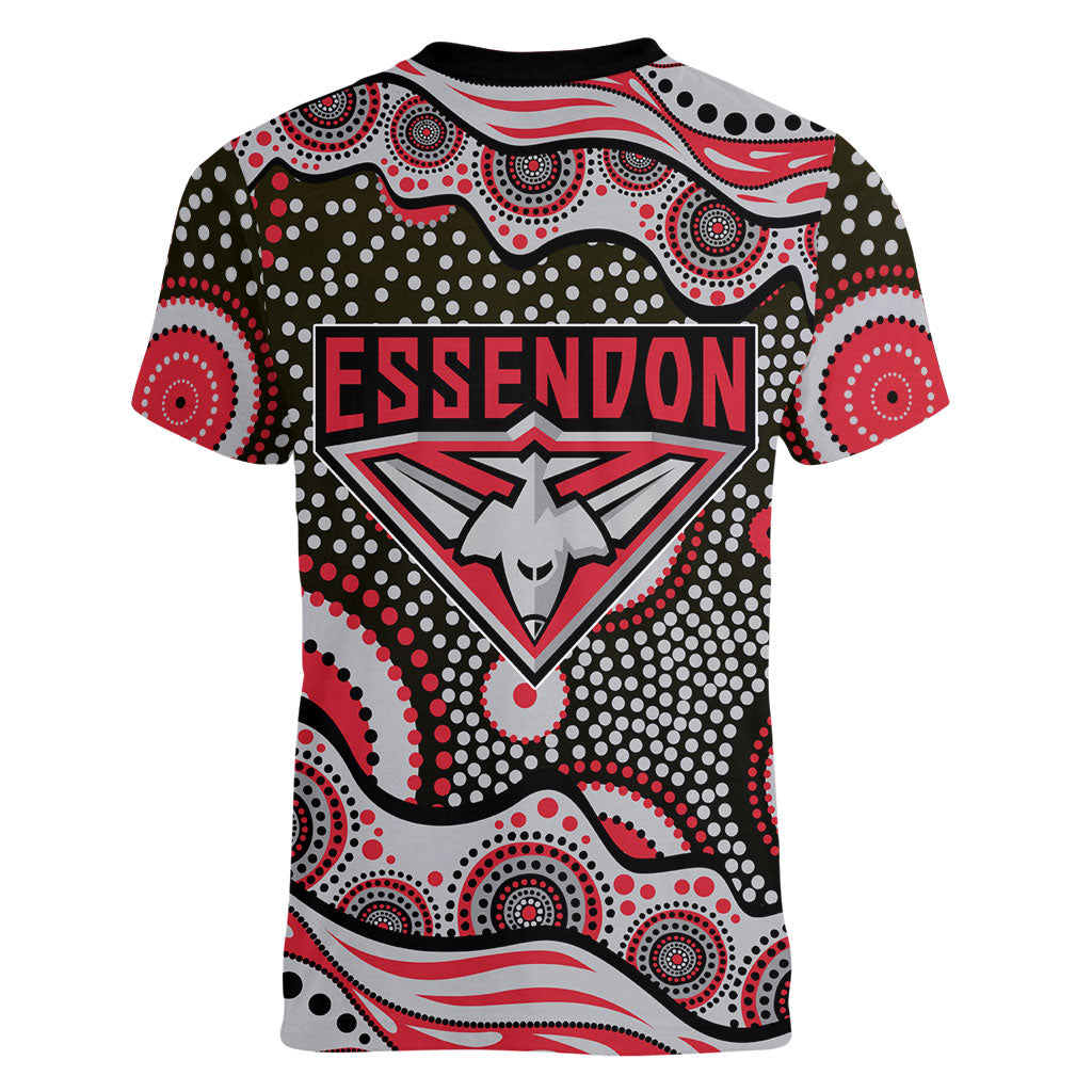 Essendon Bombers Women V-Neck T-Shirt Aboriginal Dot Pattern - Football Mascot Heritage Pride