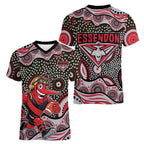 Essendon Bombers Women V-Neck T-Shirt Aboriginal Dot Pattern - Football Mascot Heritage Pride