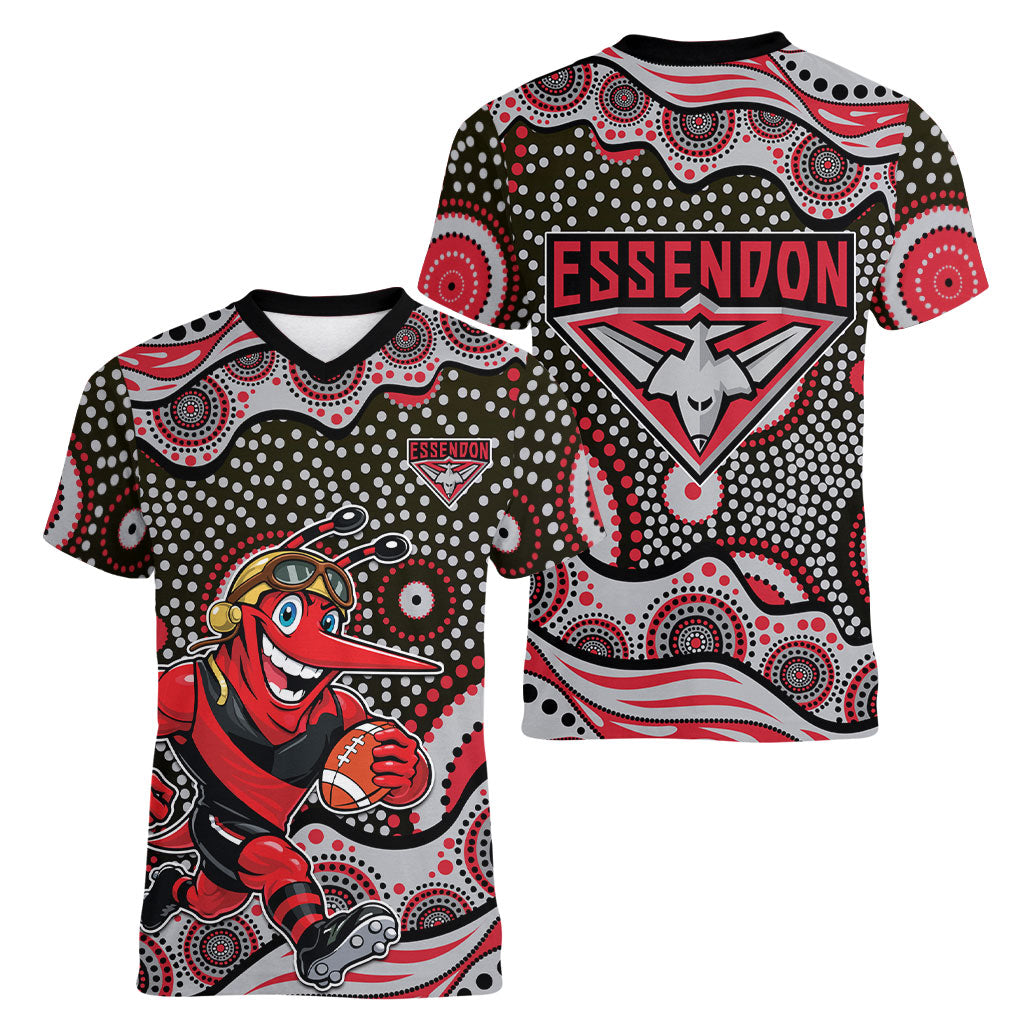 Essendon Bombers Women V-Neck T-Shirt Aboriginal Dot Pattern - Football Mascot Heritage Pride