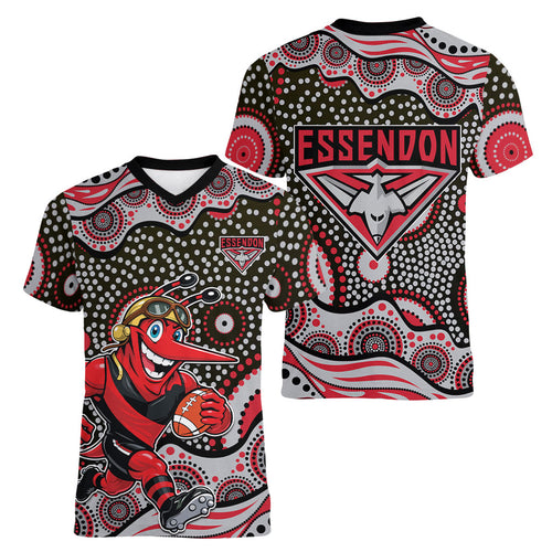 Essendon Bombers Women V-Neck T-Shirt Aboriginal Dot Pattern - Football Mascot Heritage Pride