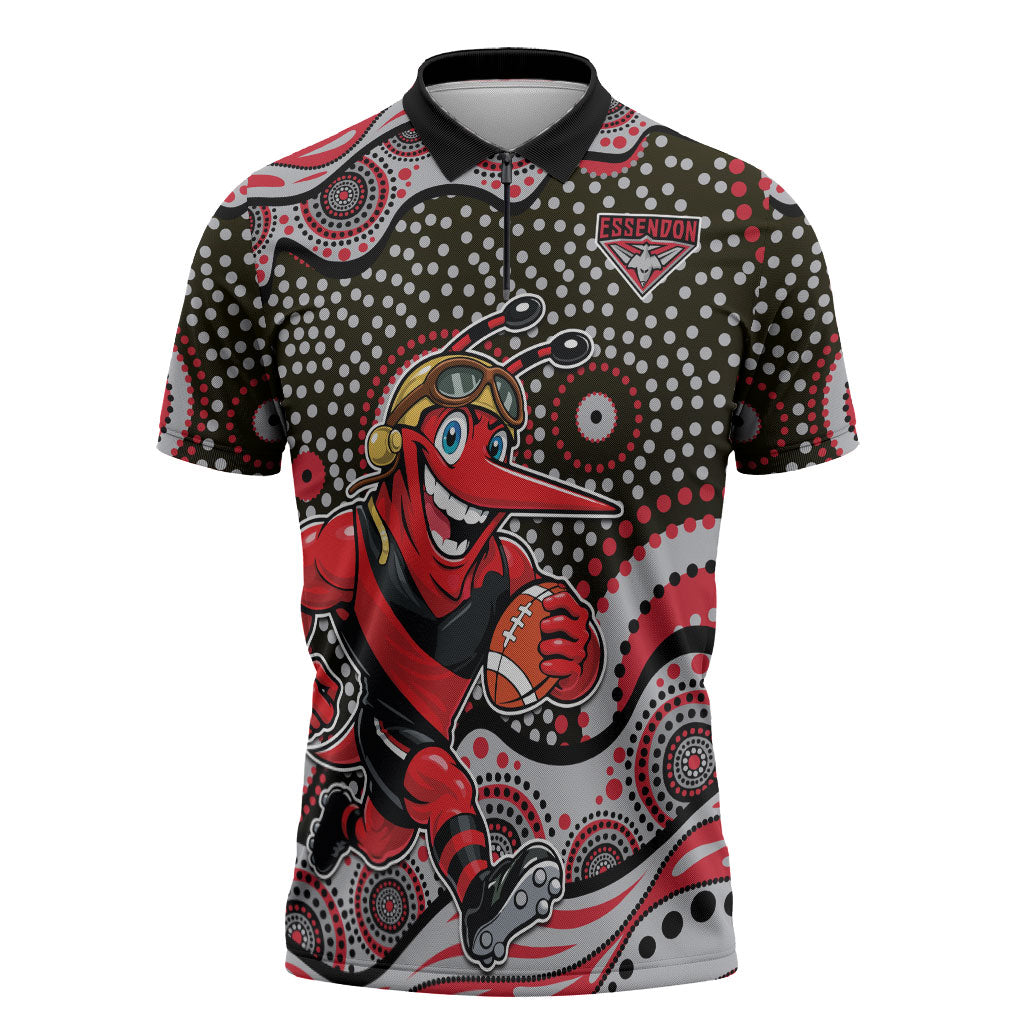 Essendon Bombers Zipper Polo Shirt Aboriginal Dot Pattern - Football Mascot Heritage Pride