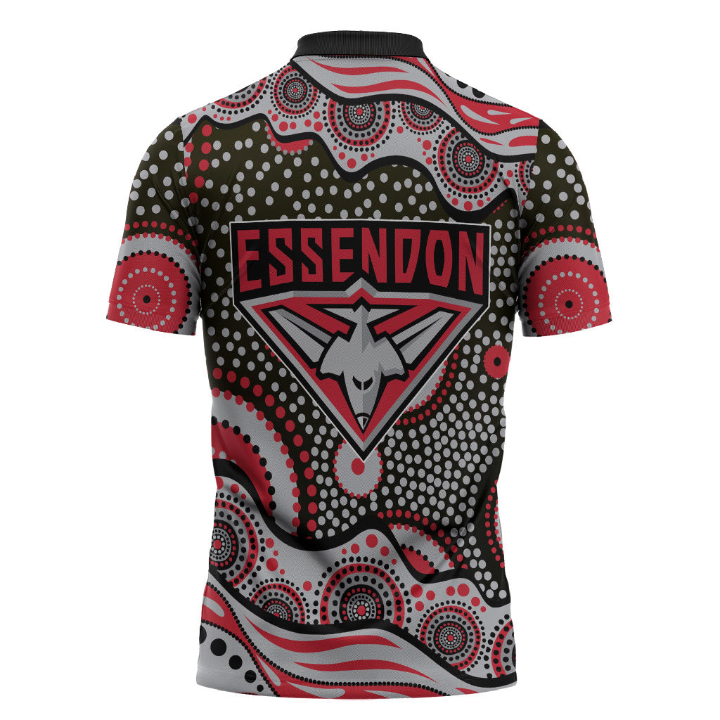 Essendon Bombers Zipper Polo Shirt Aboriginal Dot Pattern - Football Mascot Heritage Pride