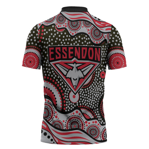 Essendon Bombers Zipper Polo Shirt Aboriginal Dot Pattern - Football Mascot Heritage Pride