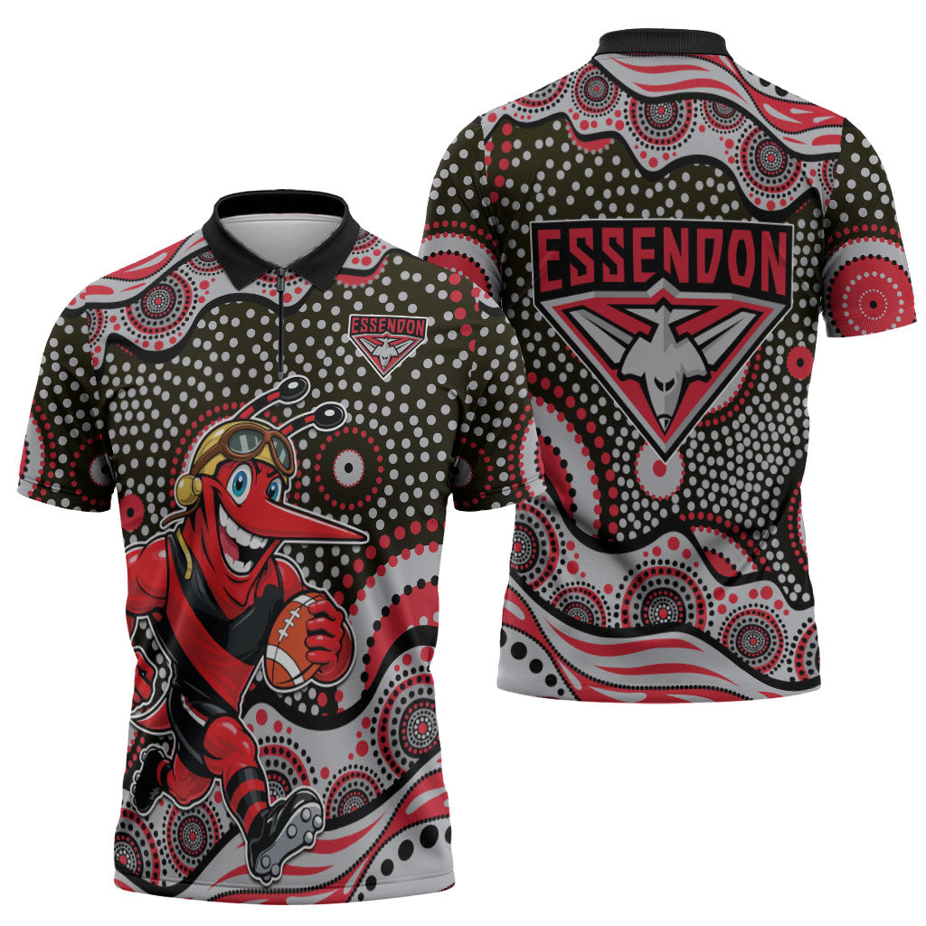 Essendon Bombers Zipper Polo Shirt Aboriginal Dot Pattern - Football Mascot Heritage Pride