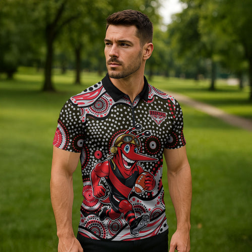 Essendon Bombers Zipper Polo Shirt Aboriginal Dot Pattern - Football Mascot Heritage Pride