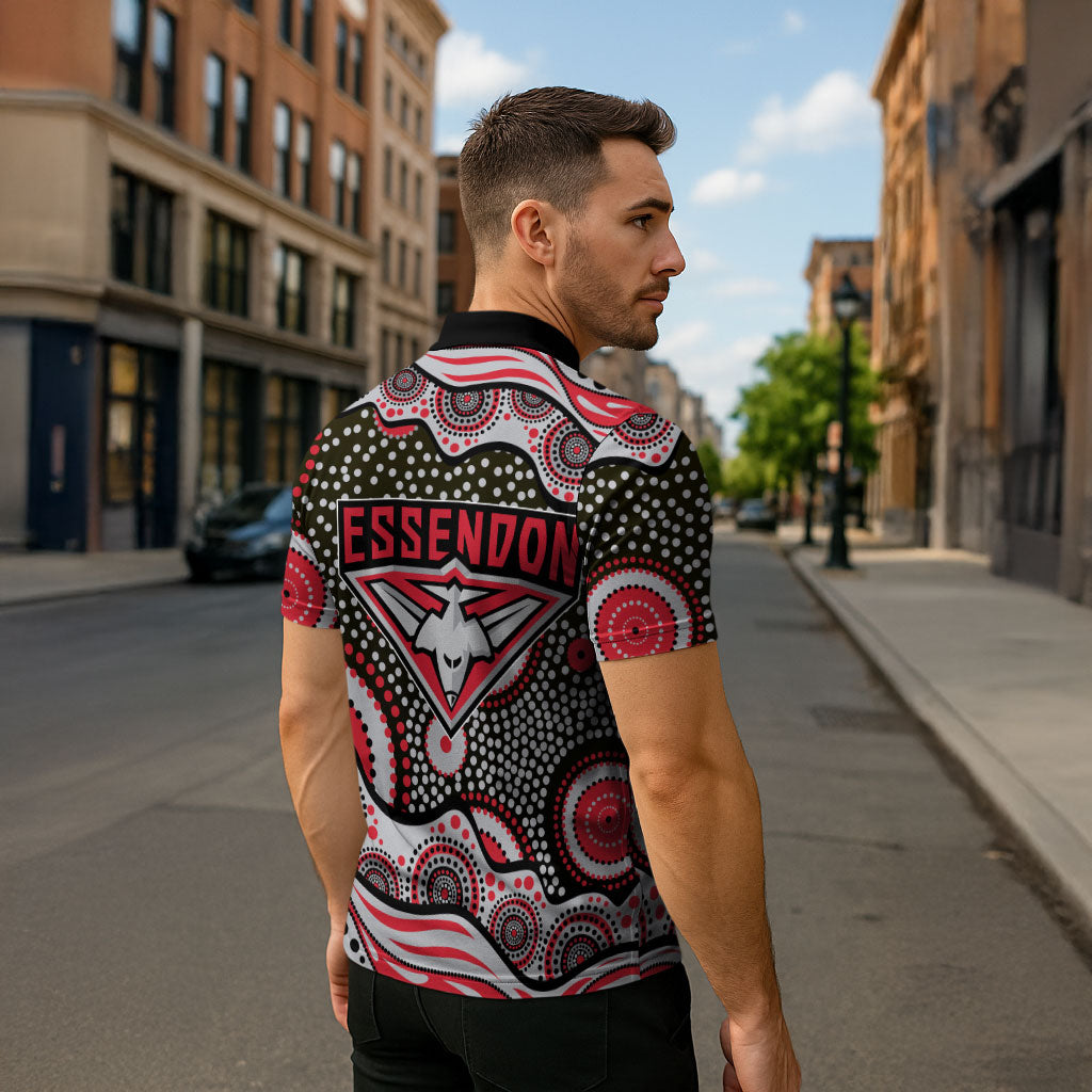 Essendon Bombers Zipper Polo Shirt Aboriginal Dot Pattern - Football Mascot Heritage Pride