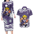 Fremantle Dockers Couples Matching Long Sleeve Bodycon Dress and Hawaiian Shirt Aboriginal Dot Pattern - Football Mascot Heritage Pride
