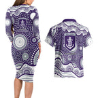 Fremantle Dockers Couples Matching Long Sleeve Bodycon Dress and Hawaiian Shirt Aboriginal Dot Pattern - Football Mascot Heritage Pride