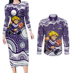 Fremantle Dockers Couples Matching Long Sleeve Bodycon Dress and Long Sleeve Button Shirt Aboriginal Dot Pattern - Football Mascot Heritage Pride