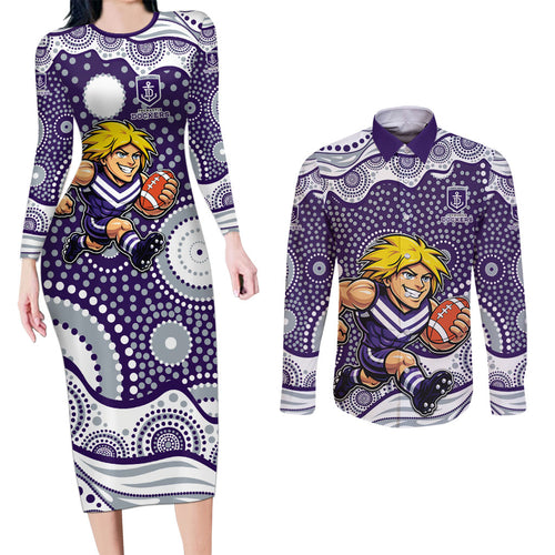 Fremantle Dockers Couples Matching Long Sleeve Bodycon Dress and Long Sleeve Button Shirt Aboriginal Dot Pattern - Football Mascot Heritage Pride