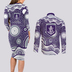 Fremantle Dockers Couples Matching Long Sleeve Bodycon Dress and Long Sleeve Button Shirt Aboriginal Dot Pattern - Football Mascot Heritage Pride
