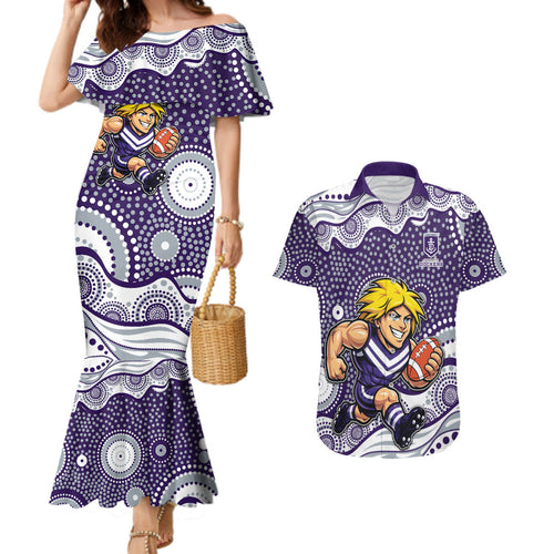 Fremantle Dockers Couples Matching Mermaid Dress and Hawaiian Shirt Aboriginal Dot Pattern - Football Mascot Heritage Pride