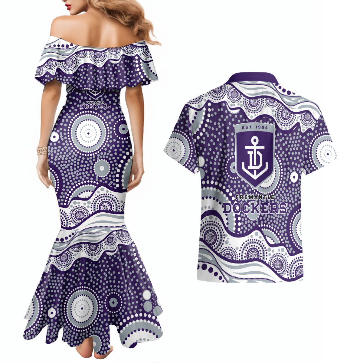 Fremantle Dockers Couples Matching Mermaid Dress and Hawaiian Shirt Aboriginal Dot Pattern - Football Mascot Heritage Pride