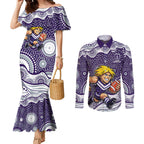 Fremantle Dockers Couples Matching Mermaid Dress and Long Sleeve Button Shirt Aboriginal Dot Pattern - Football Mascot Heritage Pride