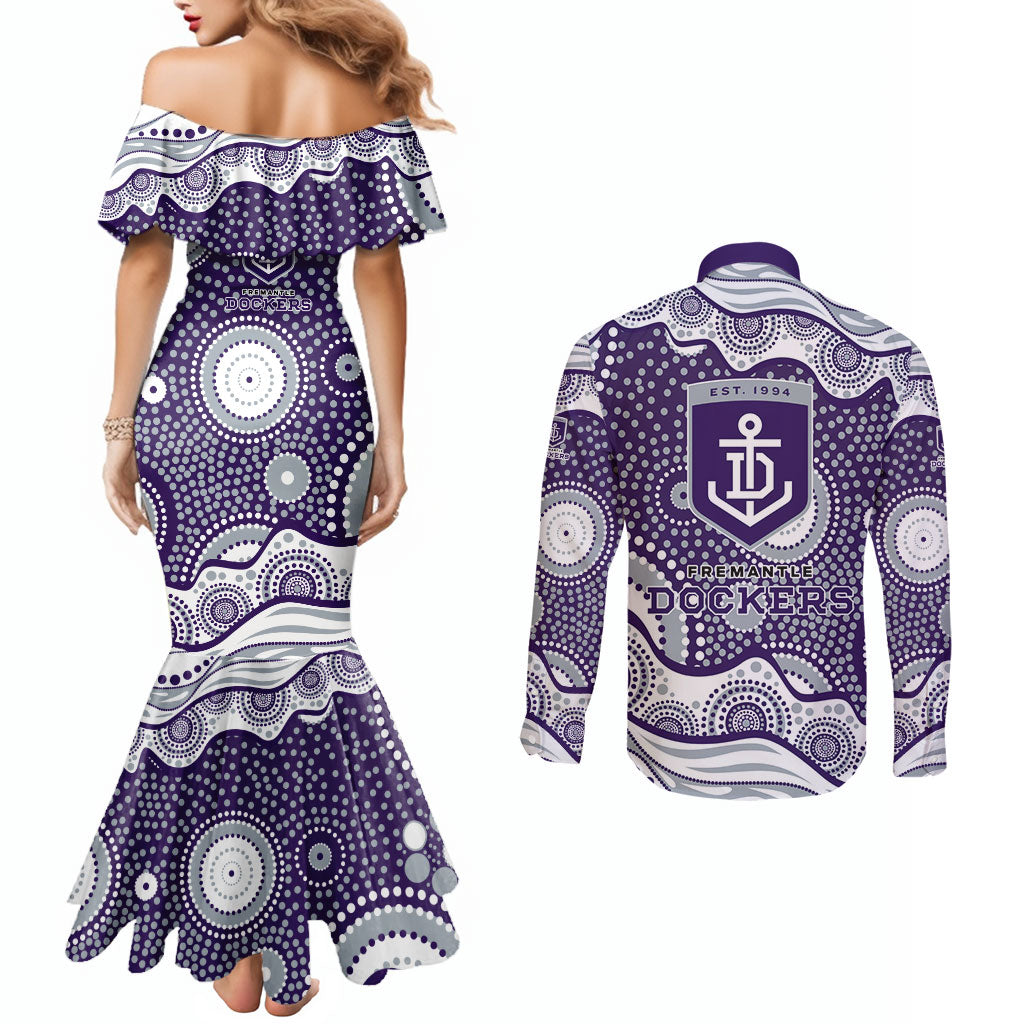 Fremantle Dockers Couples Matching Mermaid Dress and Long Sleeve Button Shirt Aboriginal Dot Pattern - Football Mascot Heritage Pride