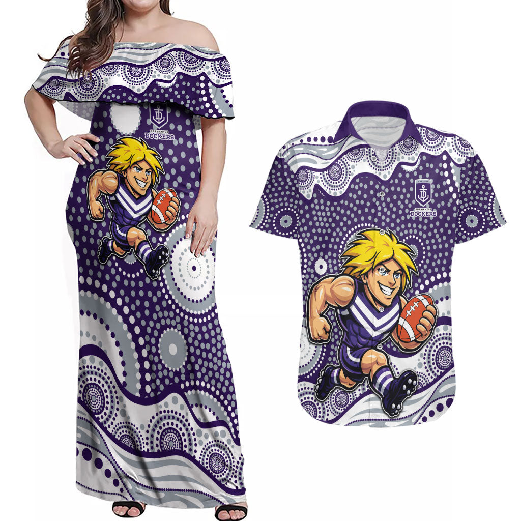 Fremantle Dockers Couples Matching Off Shoulder Maxi Dress and Hawaiian Shirt Aboriginal Dot Pattern - Football Mascot Heritage Pride
