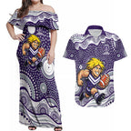 Fremantle Dockers Couples Matching Off Shoulder Maxi Dress and Hawaiian Shirt Aboriginal Dot Pattern - Football Mascot Heritage Pride
