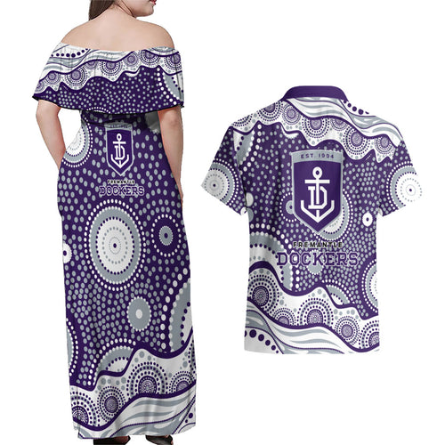 Fremantle Dockers Couples Matching Off Shoulder Maxi Dress and Hawaiian Shirt Aboriginal Dot Pattern - Football Mascot Heritage Pride