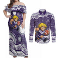 Fremantle Dockers Couples Matching Off Shoulder Maxi Dress and Long Sleeve Button Shirt Aboriginal Dot Pattern - Football Mascot Heritage Pride