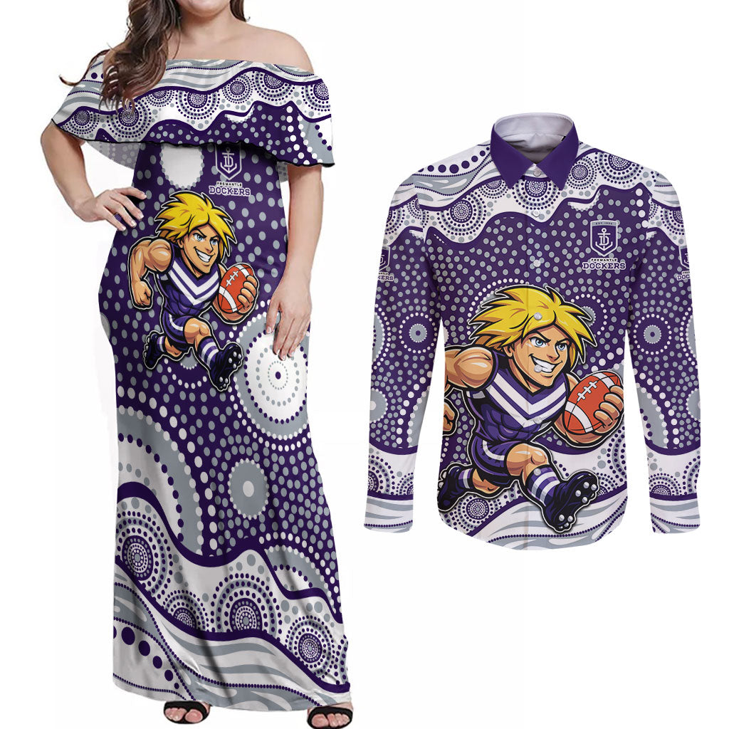 Fremantle Dockers Couples Matching Off Shoulder Maxi Dress and Long Sleeve Button Shirt Aboriginal Dot Pattern - Football Mascot Heritage Pride