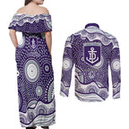 Fremantle Dockers Couples Matching Off Shoulder Maxi Dress and Long Sleeve Button Shirt Aboriginal Dot Pattern - Football Mascot Heritage Pride
