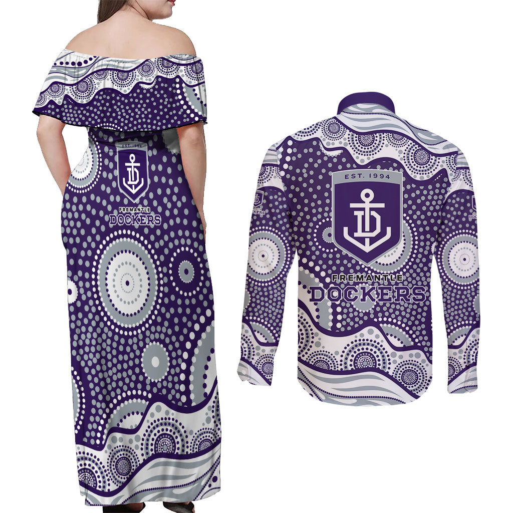 Fremantle Dockers Couples Matching Off Shoulder Maxi Dress and Long Sleeve Button Shirt Aboriginal Dot Pattern - Football Mascot Heritage Pride