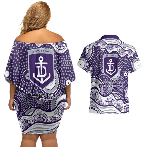 Fremantle Dockers Couples Matching Off Shoulder Short Dress and Hawaiian Shirt Aboriginal Dot Pattern - Football Mascot Heritage Pride