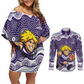 Fremantle Dockers Couples Matching Off Shoulder Short Dress and Long Sleeve Button Shirt Aboriginal Dot Pattern - Football Mascot Heritage Pride