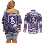 Fremantle Dockers Couples Matching Off Shoulder Short Dress and Long Sleeve Button Shirt Aboriginal Dot Pattern - Football Mascot Heritage Pride