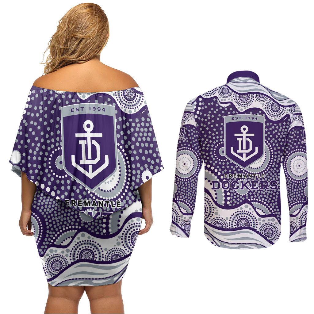 Fremantle Dockers Couples Matching Off Shoulder Short Dress and Long Sleeve Button Shirt Aboriginal Dot Pattern - Football Mascot Heritage Pride