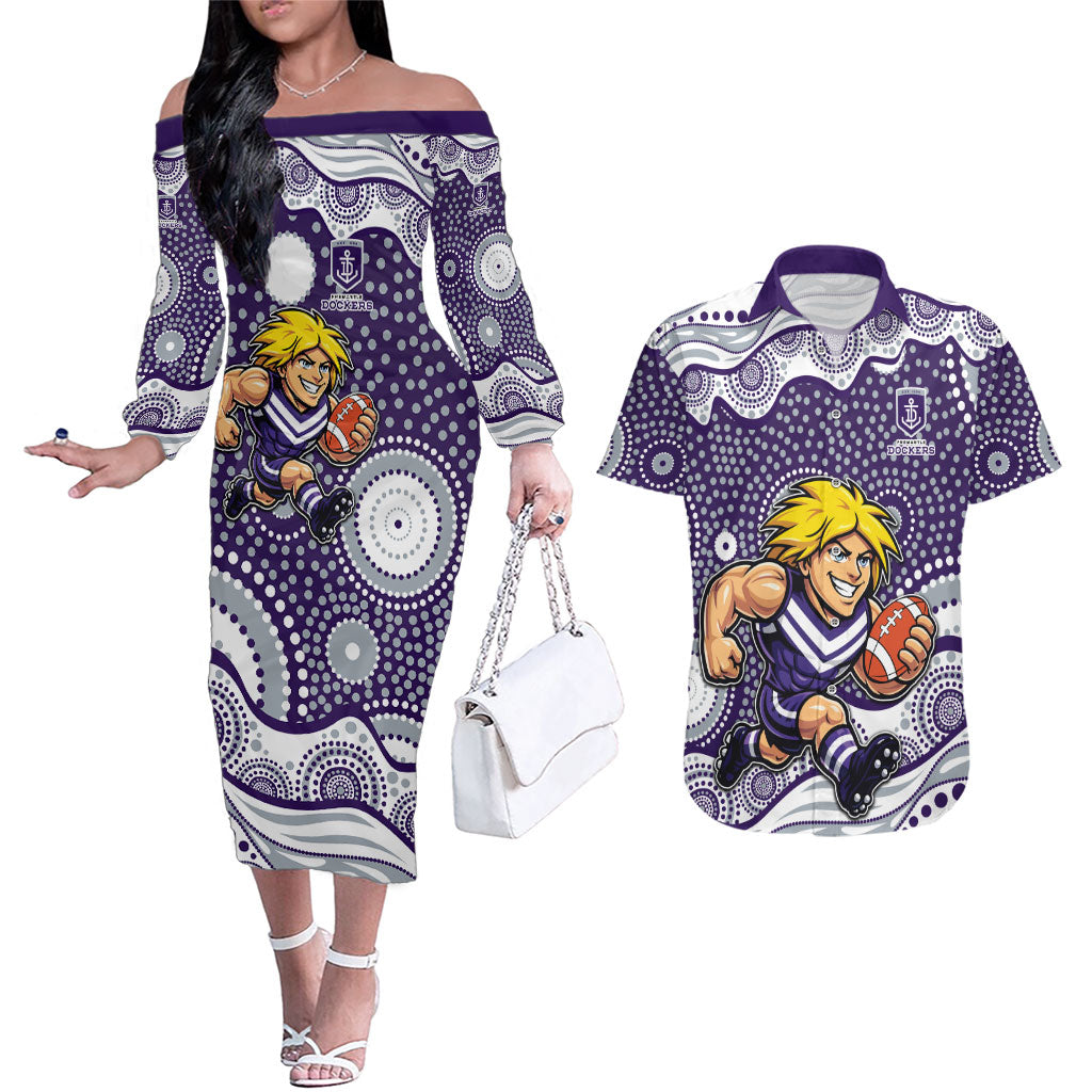 Fremantle Dockers Couples Matching Off The Shoulder Long Sleeve Dress and Hawaiian Shirt Aboriginal Dot Pattern - Football Mascot Heritage Pride