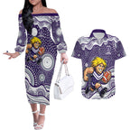 Fremantle Dockers Couples Matching Off The Shoulder Long Sleeve Dress and Hawaiian Shirt Aboriginal Dot Pattern - Football Mascot Heritage Pride