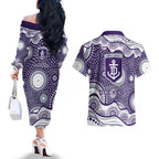Fremantle Dockers Couples Matching Off The Shoulder Long Sleeve Dress and Hawaiian Shirt Aboriginal Dot Pattern - Football Mascot Heritage Pride