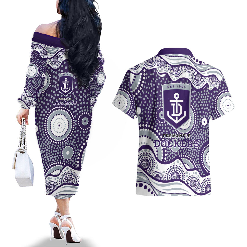 Fremantle Dockers Couples Matching Off The Shoulder Long Sleeve Dress and Hawaiian Shirt Aboriginal Dot Pattern - Football Mascot Heritage Pride