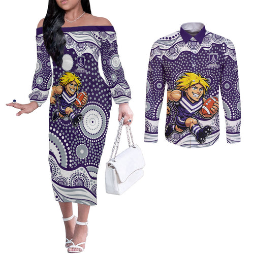 Fremantle Dockers Couples Matching Off The Shoulder Long Sleeve Dress and Long Sleeve Button Shirt Aboriginal Dot Pattern - Football Mascot Heritage Pride