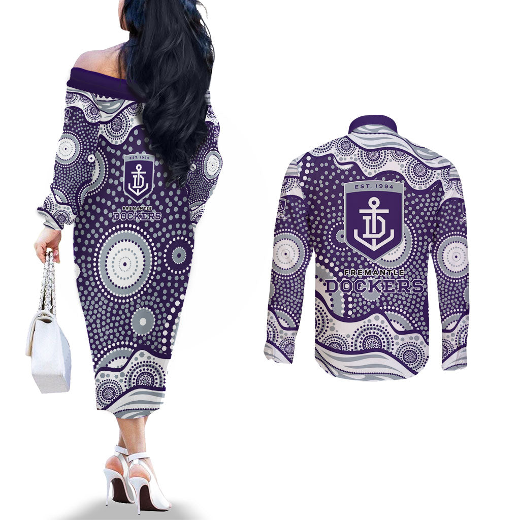 Fremantle Dockers Couples Matching Off The Shoulder Long Sleeve Dress and Long Sleeve Button Shirt Aboriginal Dot Pattern - Football Mascot Heritage Pride