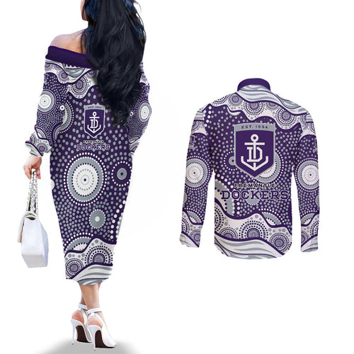 Fremantle Dockers Couples Matching Off The Shoulder Long Sleeve Dress and Long Sleeve Button Shirt Aboriginal Dot Pattern - Football Mascot Heritage Pride