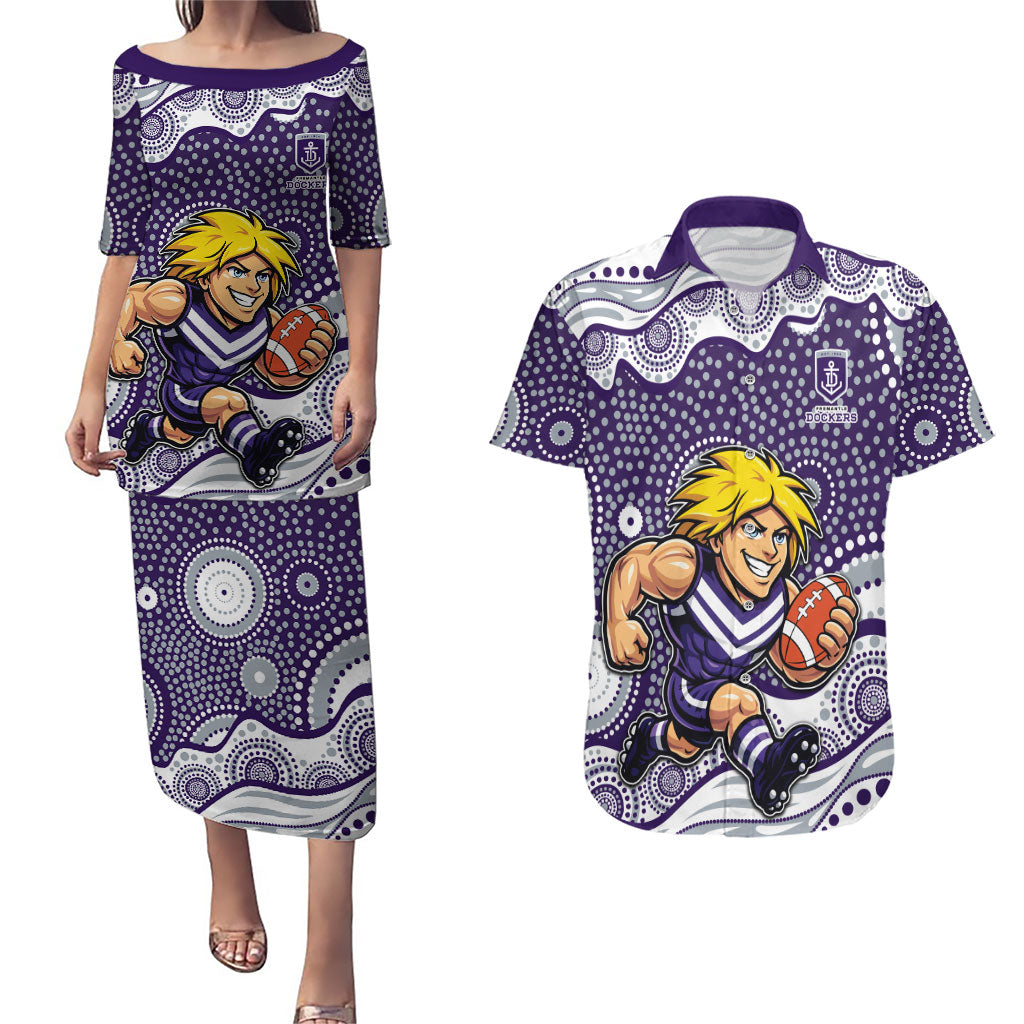 Fremantle Dockers Couples Matching Puletasi and Hawaiian Shirt Aboriginal Dot Pattern - Football Mascot Heritage Pride