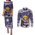 Fremantle Dockers Couples Matching Puletasi and Long Sleeve Button Shirt Aboriginal Dot Pattern - Football Mascot Heritage Pride