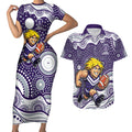 Fremantle Dockers Couples Matching Short Sleeve Bodycon Dress and Hawaiian Shirt Aboriginal Dot Pattern - Football Mascot Heritage Pride