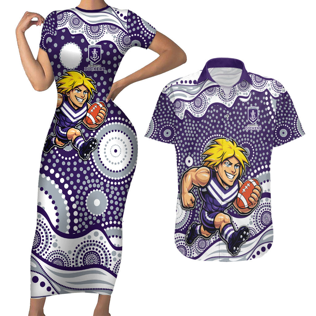 Fremantle Dockers Couples Matching Short Sleeve Bodycon Dress and Hawaiian Shirt Aboriginal Dot Pattern - Football Mascot Heritage Pride