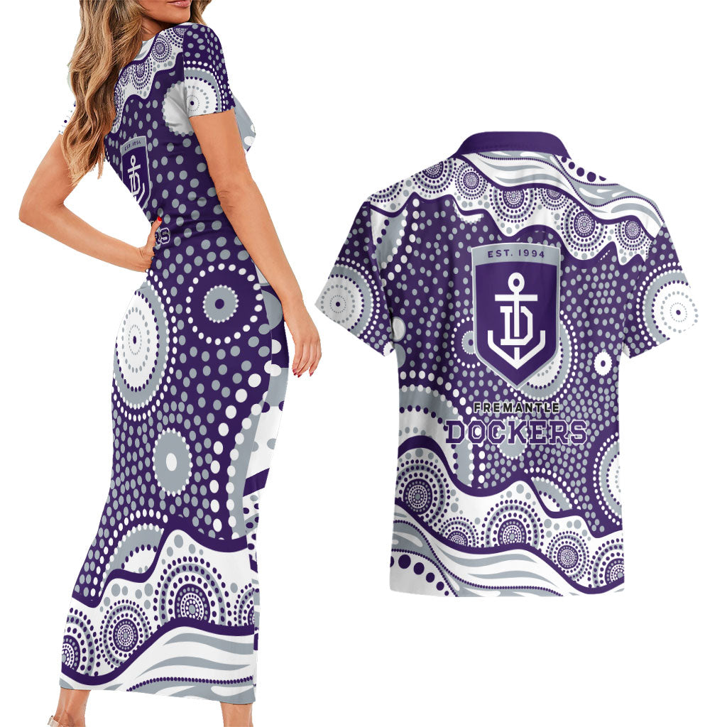 Fremantle Dockers Couples Matching Short Sleeve Bodycon Dress and Hawaiian Shirt Aboriginal Dot Pattern - Football Mascot Heritage Pride