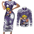 Fremantle Dockers Couples Matching Short Sleeve Bodycon Dress and Long Sleeve Button Shirt Aboriginal Dot Pattern - Football Mascot Heritage Pride